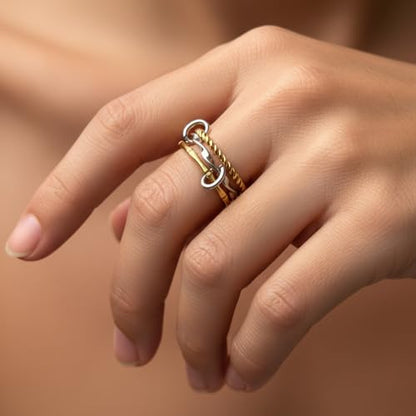 Stackable Rings for Women Non Tarnish Gold Silver Mixed Metal Wedding Band Set Gold Plated Stainless Steel with Cubic Zirconia Dainty Statement Thumb Ring Gift for Christmas Birthday Anniversary Jewelry - style: Gold Triple Band Ring