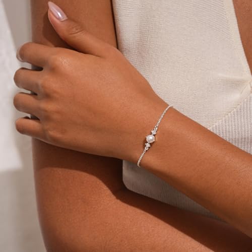 Bracelets for Women, Dainty Gold Silver Ring Bracelet Hand Chain | Cubic Zirconia Pearl Charms, 14K Gold Plated, Adjustable Fit, Trendy Stackable Link Chain, Waterproof Jewelry, Gift for Her - color: Silver-pearl cz bracelet