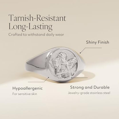 Gold Chunky Signet Stackable Pinky Ring for Women Men, Guardian Angel Cherub, Tarnish-Resistant 18K Gold Plated Stainless Steel Size 3 4 5 6 7 8 9 10 11 - color: Silver