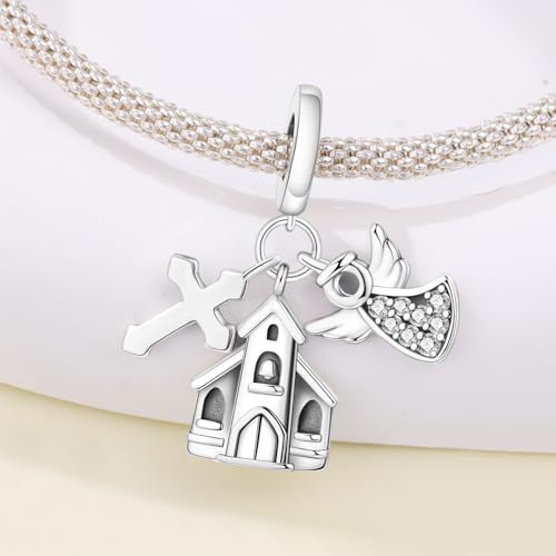 925 Sterling Silver Charms for Bracelets and Necklace Religious Cross Pendants Praying Hands, Bible, Virgin Mary, Jesus, Church Bead Jewelry - color: Church angel cross