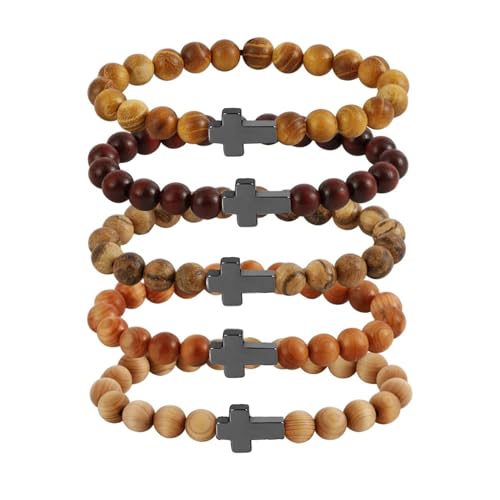 5Pcs Sandalwood Stretch Bracelets for Women Men with Hematite Stone Cross Mala Beads - color: B1