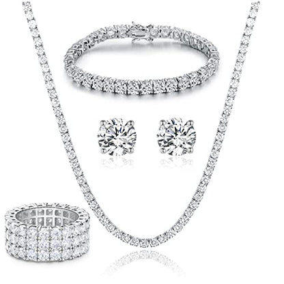 Gemsme 18K Yellow Gold Plated Tennis Necklace/Bracelet/Earrings/3 Row Ring Sets Pack of 4 - color: White