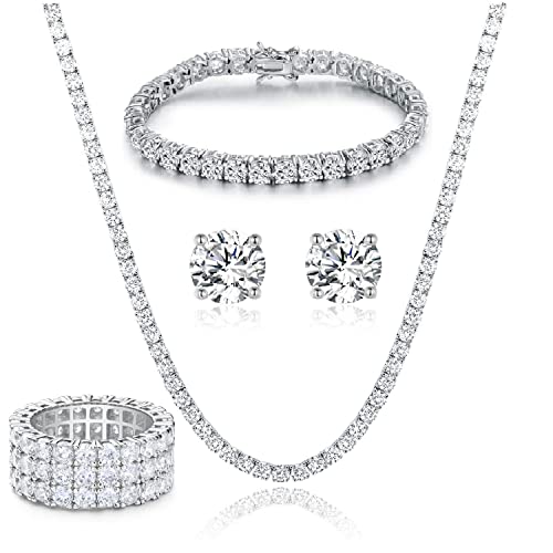 Gemsme 18K Yellow Gold Plated Tennis Necklace/Bracelet/Earrings/3 Row Ring Sets Pack of 4 - color: White