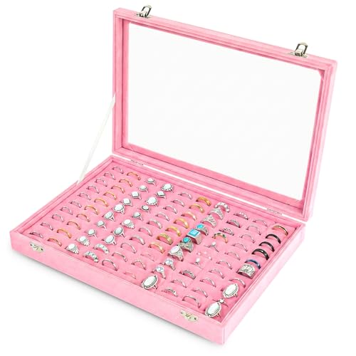 100 Slots Ring Organizer Tray,Velvet Ring Box with Clear Lid | Velvet Lining Provides Protection,Fits Rings of Various Sizes,Glass Lid Jewelry Tray,for Personal Use and Ring Display - color: Pink