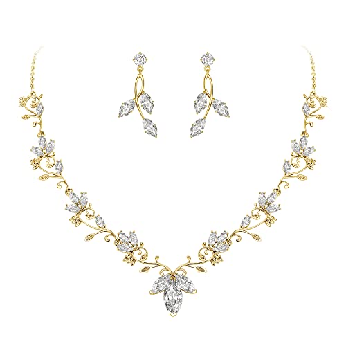 Wedding Jewelry Set for Women CZ Teardrop Flower Leaf Filigree Necklace Earrings Party Prom Accessories - color: Gold-tone