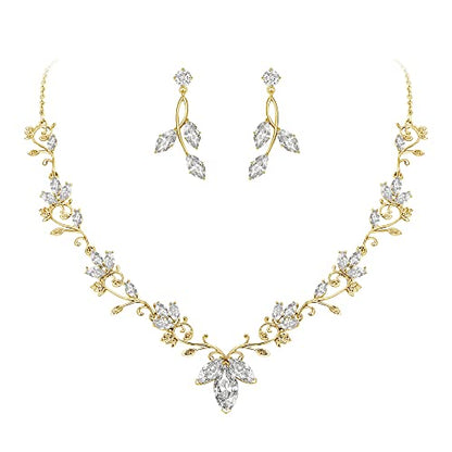 Wedding Jewelry Set for Women CZ Teardrop Flower Leaf Filigree Necklace Earrings Party Prom Accessories - color: Gold-tone