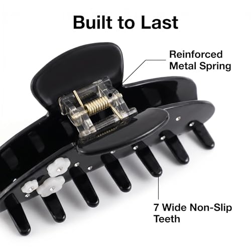 Black Hair Claw Clip with Flowers, 4 Inch Large Hair Clips for Women | Acetate Non-Slip Strong Hold, Jumbo Jaw Clips Accessories for Thick Heavy Curly Long Hair , Black Claw Clips - color: Black