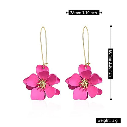 Bohemian Daisy Flower Matte Floral Long Petal Drop Dangle Earrings Layered Tiered for Women Chic Boho Wedding Jewelry - color: Hot Red