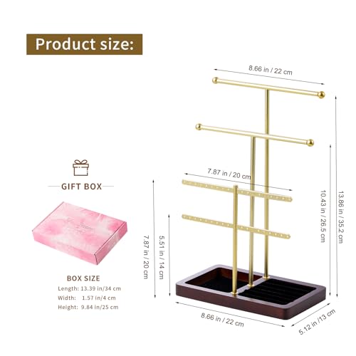 modern T-shaped jewelry rack, jewelry tower, gold metal, square ceramic base decoration display tower, necklace, bracelet, ring storage rack (3-layer wooden pallet black) - style: 3-layer wooden pallet black