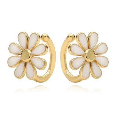 Cute Daisy Flower Ear Cuff Earring Cartilage Clip On Non Piercing Lovely Sweet 14K Gold Plated White/Pink Enamel Floral Fake Huggie Hoops Earrings for Women Hypoallergenic Fashion Trendy Jewelry Gifts 14*15mm - color: White