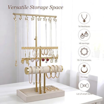 3 Tier Jewelry Organizer Stand with Ring Tray - Adjustable Tall 17.7" (Max), Jewelry Holder for Necklace, Bracelet, Earring, Ring Storage, Jewelry Display Storage Stand for Women