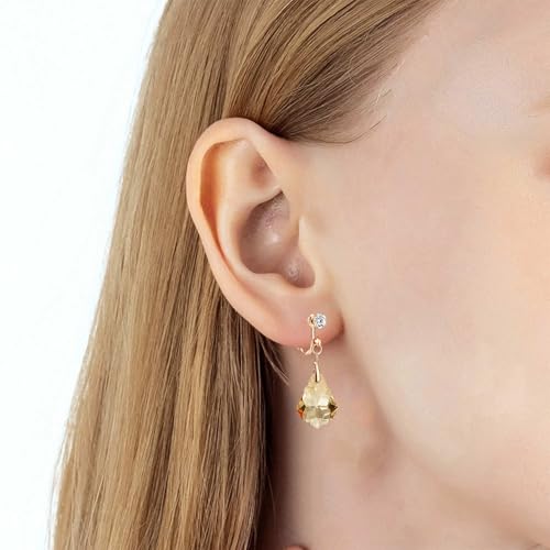 Austrian Crystal Baroque Drop Clip On Dangle Earrings for Women Non Pierced 14K Rose Gold Plated Hypoallergenic Jewelry - color: Topaz