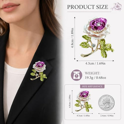 Gradient Purple Rose Flower Brooch Enamel Crystal Floral Lapel Pin Gold Tone Elegant Brooch for Women Suit Coat Scarf Accessory - color: Violet Pink