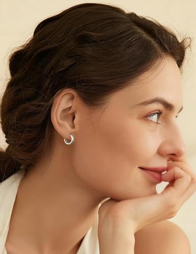 Fiusem 14K Gold Plated Huggie Hoop Earrings for Women | 8/10/12 Hypoallergenic Small Twisted beaded Huggie Earrings - color: Silver Hoop, size: 8MM