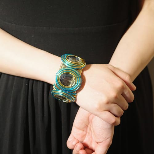 Chunky Gold Cuff Bracelets for Women Stack Silver Bracelet Vintage Bohemian Indian Bangles for Women Adjustable Open Wide Gold Bangle Bracelet Trendy Statement Jewelry - style: METALLIC FINISH SPIRALS THREE BLUE GLASSSTONE