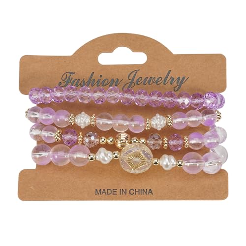 Boho Beaded Bracelet Set for Women - 4 Pcs Multilayer Stackable Crystal Glass Bead Bracelets with Faux Pearl Elastic Stretch Fashion Jewelry for Daily Wear, Beach, Party & Gifts - color: Purple