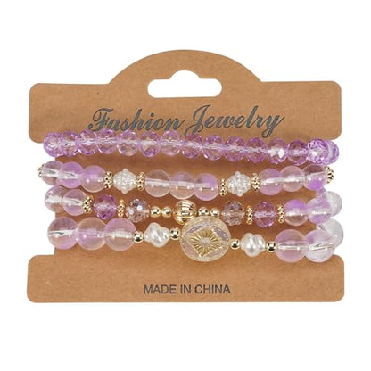 Boho Beaded Bracelet Set for Women - 4 Pcs Multilayer Stackable Crystal Glass Bead Bracelets with Faux Pearl Elastic Stretch Fashion Jewelry for Daily Wear, Beach, Party & Gifts - color: Purple
