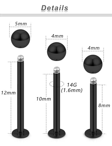 20G 18G 16G 14G 12G Lip Labret Medusa Monroe Rings Studs 316L Surgical Steel Flat Back Tragus Helix Cartilage Earring Stud Piercing Jewelry Bar Length 8mm 10mm 12mm Mix Color 18PCS - color: Black, size: 14G(1.6mm)-8/10/12mm Bars-4mm 5mm Balls