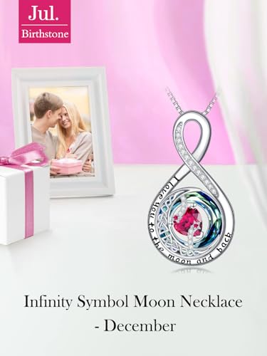 TOUPOP Birthstone Necklace for Women 925 Sterling Silver Moon and Star Pendant Necklaces I Love You to the Moon and Back Jewelry Anniversary Birthday Gifts for Her Wife Girlfriend Mom - color: 07-Jul-Ruby