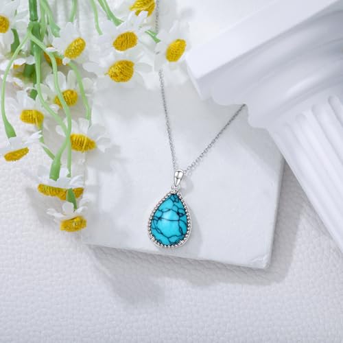 VONALA Sterling Silver Necklace Moss Agate/Turquoise/Larimar/Aquamarine/Opal/Black Onyx/Rose Quartz/Moonstone Pendant Teardrop Necklace Jewelry Gift for Women - style: Turquoise2