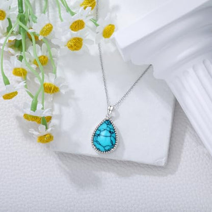 VONALA Sterling Silver Necklace Moss Agate/Turquoise/Larimar/Aquamarine/Opal/Black Onyx/Rose Quartz/Moonstone Pendant Teardrop Necklace Jewelry Gift for Women - style: Turquoise2