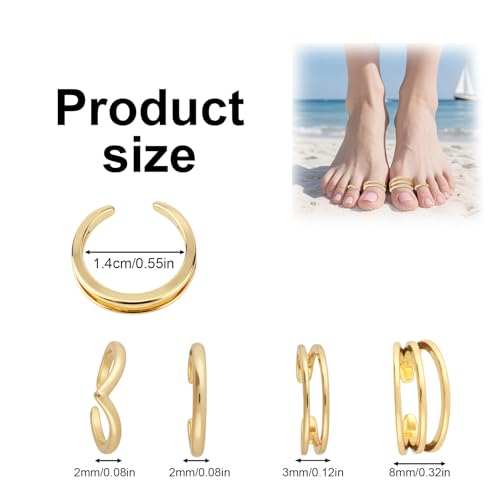 4pcs Gold Toe Ring Set, 4 Styles Open Toe Ring Adjustable Summer Beach Foot Jewelry Elegant Gift for Women Beach Party Summer Camp Gift