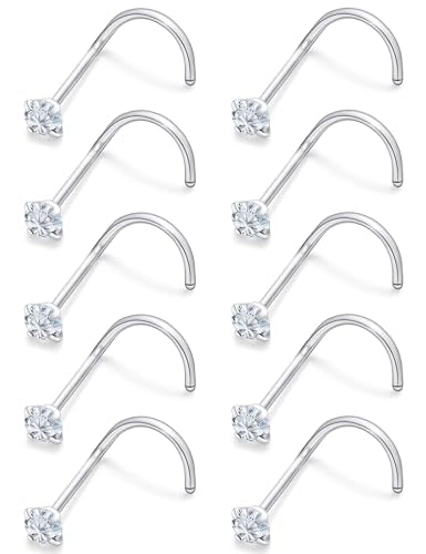 Nose Studs Surgical Steel Nose Rings Studs with Cubic Zirconia 10Pcs Tiny Nostril Rings for Women Screw Bone and L-Shaped Nostril Piercing Jewelry 24G 22G 20G 18G - color: silvertone,screw nose studs, size: 22g,2.0mm Clear CZ