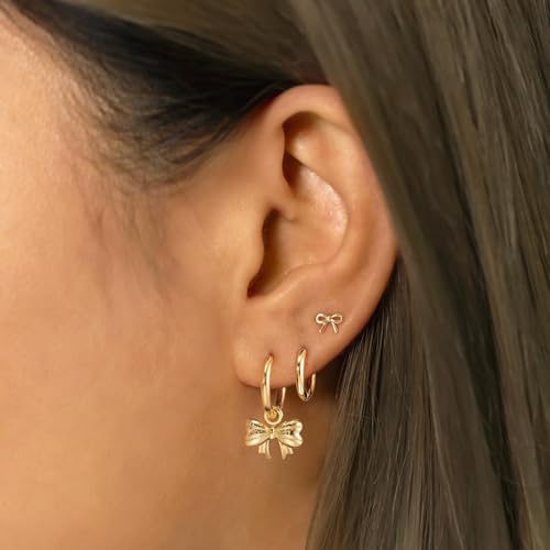 3 Pairs Earring Stacks, Gold Earring Set Jewelry Gift for Women | Small, 14K Gold/White Gold/Black/Rose Gold Plated, Hypoallergenic, Her, Everday, Stackable, Simple, 3 Holes - color: Gold-Bow