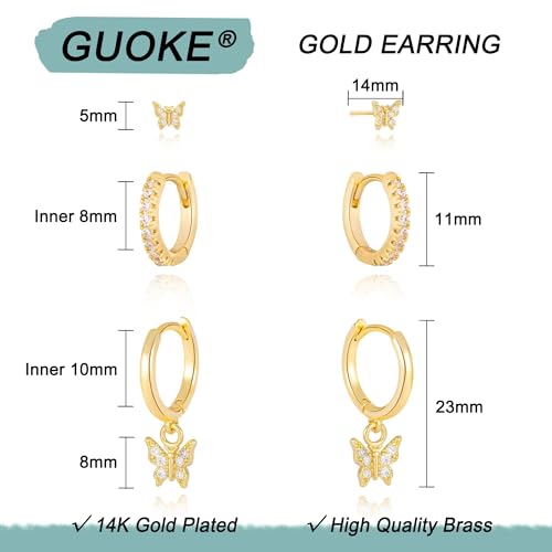 3 Pairs Earring Stacks, Gold Earring Set Jewelry Gift for Women | Small, 14K Gold/White Gold/Black/Rose Gold Plated, Hypoallergenic, Her, Everday, Stackable, Simple, 3 Holes - color: Gold-Butterfly