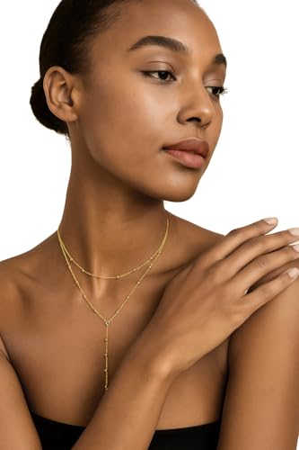 14K Gold Plated Y Necklace for Women – Dainty Lariat Long Pendant Chain, Layered Drop Necklace for V Neck Dress, Simple Sexy Cleavage Jewelry Gifts for Women - color: Gold - Double Layer - Bead
