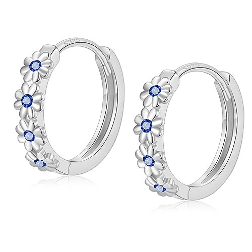 Sterling Silver Hoop Earrings for Women, Dainty Small Huggie Hoop Earrings | Hypoallergenic Daisy Color Cubic Zirconia Flower Hoops Earring Jewellery Gifts for Ladies Birthday Wedding, 12mm Hoop - color: Sapphire