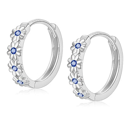 Sterling Silver Hoop Earrings for Women, Dainty Small Huggie Hoop Earrings | Hypoallergenic Daisy Color Cubic Zirconia Flower Hoops Earring Jewellery Gifts for Ladies Birthday Wedding, 12mm Hoop - color: Sapphire