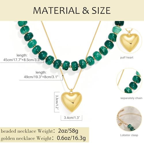 YUJIE Chunky Heart Pendant Necklace for Women- Exaggerated Statement Puff Heart Necklace with Acrylic Beaded Chain - color: B-GREEN