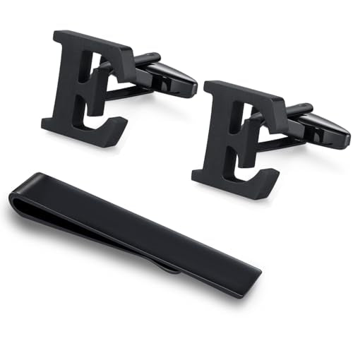 HONEY BEAR Black Initial Letter Round Cufflinks Tie Clip Set for Men | Wedding Business, Tarnish-Resistant, Steel-Plated Copper Base, Gift Box, for Groomsmen, Father, Husband, Anniversary, Formal - style: E