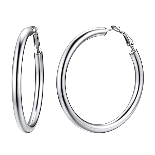 ChainsHouse 30/40/60/80mm Hoop Earrings for Women,Chunky Earrings in 18K Gold Plated/Silver/Black,Minimalist Jewelry Round Tube Hoops Fits Sensitive Ears|Hypoallergenic&Waterproof,with Gift Box - color: E:steel-round tube, size: 60MM