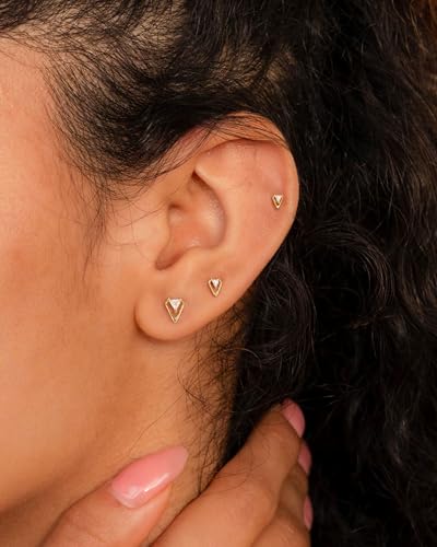3 Pair Tiny Flat Back Earrings for Women - 14K Gold/White Gold Plated Dainty Cute Small Screw Flatback Stud Earring, Everyday Wear Gift - color: cz triangle gold