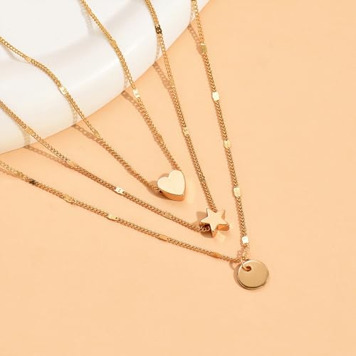 Layered Gold Heart Star Pendant Necklaces Set for Women Stackable Love Coin Chain Necklaces Adjustable Pentagram Choker Necklaces Jewelry Accessories