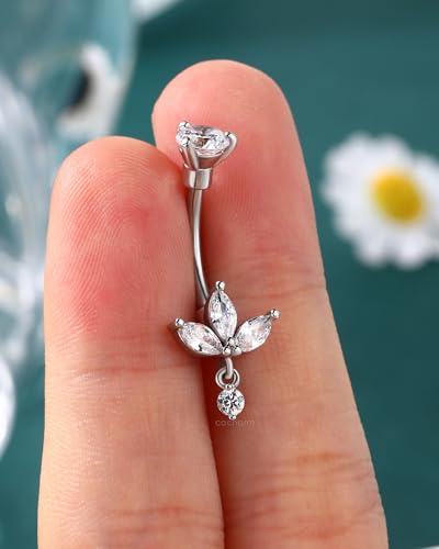Lotus Belly Button Rings Dangle 14G Dangle Belly Navel Button Piercing Surgical Steel Navel Piercing Jewelry Dangling - color: WG-10MM