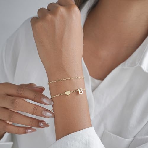 Gold Initial Bracelets for Women Trendy, Dainty Layered 14K Gold Plated Heart Letter Charm Bracelets, letter beads for name bracelets Jewelry Gifts - color: Gold-B