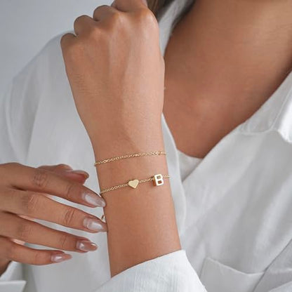 Gold Initial Bracelets for Women Trendy, Dainty Layered 14K Gold Plated Heart Letter Charm Bracelets, letter beads for name bracelets Jewelry Gifts - color: Gold-B
