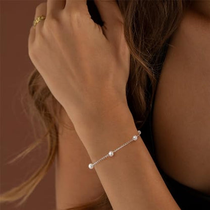 BERISO Gold/Silver Pearl Bracelets - 14K Gold Plated Dainty Pearls Beaded Chain Heart Bracelets - style: Pearl-Silver