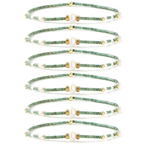Colorful Stackable Rice Small Mini Seed Beaded Bracelets Set For Women, Handmade Dainty Boho Gold Glass Stretch Accessories Jewelry,Summer Beach Party Daily Friendship Gift - color: Green Pearl