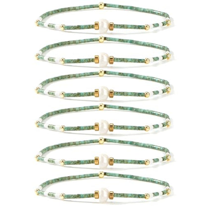 Colorful Stackable Rice Small Mini Seed Beaded Bracelets Set For Women, Handmade Dainty Boho Gold Glass Stretch Accessories Jewelry,Summer Beach Party Daily Friendship Gift - color: Green Pearl