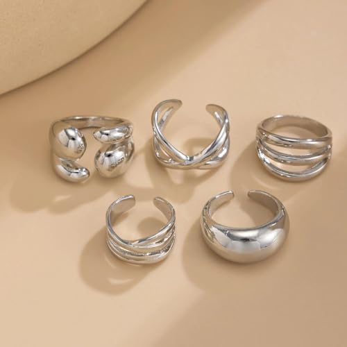 Gold Plated Geometric Chunky Water Drop Ring Set for Women,Open Adjustable Twisted Stacked Knuckle Finger Ring Set Punk Party Jewelry Accessories Gift - color: Silver