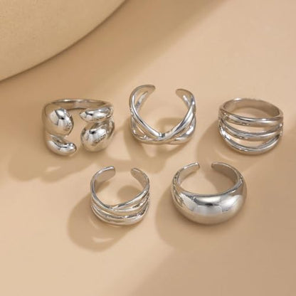 Gold Plated Geometric Chunky Water Drop Ring Set for Women,Open Adjustable Twisted Stacked Knuckle Finger Ring Set Punk Party Jewelry Accessories Gift - color: Silver