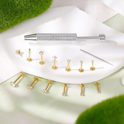 16G 18G 12Pcs Flat Back Stud Earrings 316L Surgical Steel Internally Threaded Stud for Women Tragus Labret Monroe Cartilage Helix Conch Studs Hypoallergenic Nose Stud Piercing Jewelry - color: Gold, size: 18G
