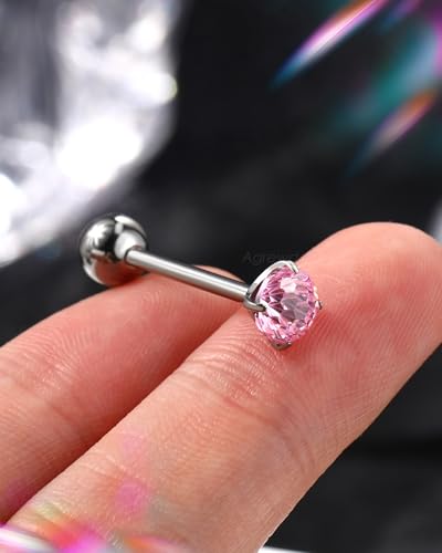 G23 Solid Titanium Tongue Ring Barbell 14G Firework CZ Bar Tongue Rings Surgical Steel Toungue Piercing - color: Pink