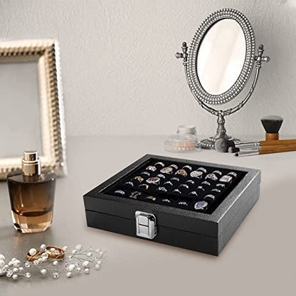 Ring Jewelry Organizer Box, 36 Slots Rings Display Storage Case Earring Showcase - Black Velvet Jewelry Stand Holder Tray with Transparent Glass Lid - Ideal Gift for Women Girl - size: 36 Slot