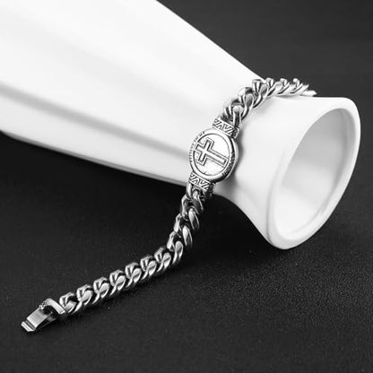 HZMAN 8.5Inch Cuban Link Bracelet for Men Silver Stainless Steel Heavy Biker Link Bracelet - color: Cross