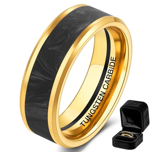 NUNCAD Men’s Tungsten Carbide Ring with Forged Carbon Fiber | Gold & Black, 8mm, Durable Scratch Resistant Comfort Fit Band, Wedding Band for Him, Daily Everyday Wear